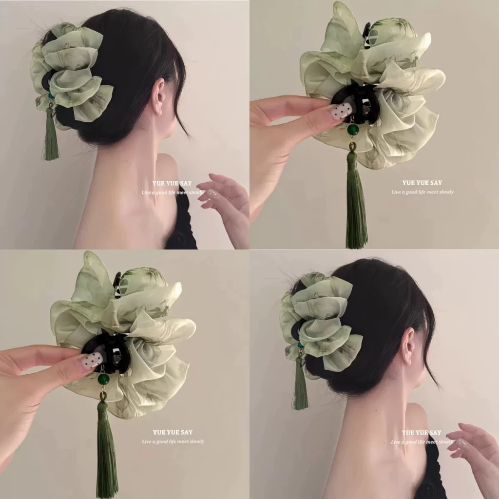 🌸 Kẹp Tóc Voan Tua Rua Phong Cách Trung Hoa – Kẹp Càng Cua Dáng Mây Retro Thanh Lịch 1064