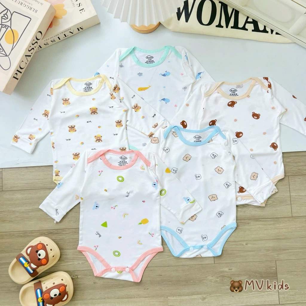 [Loại Đẹp] Combo 3/5 Body Chip Dài Tay Chất Peptit Cao Cấp Mềm Mại In Hoạ Tiết Cho Bé Từ 3-9kg