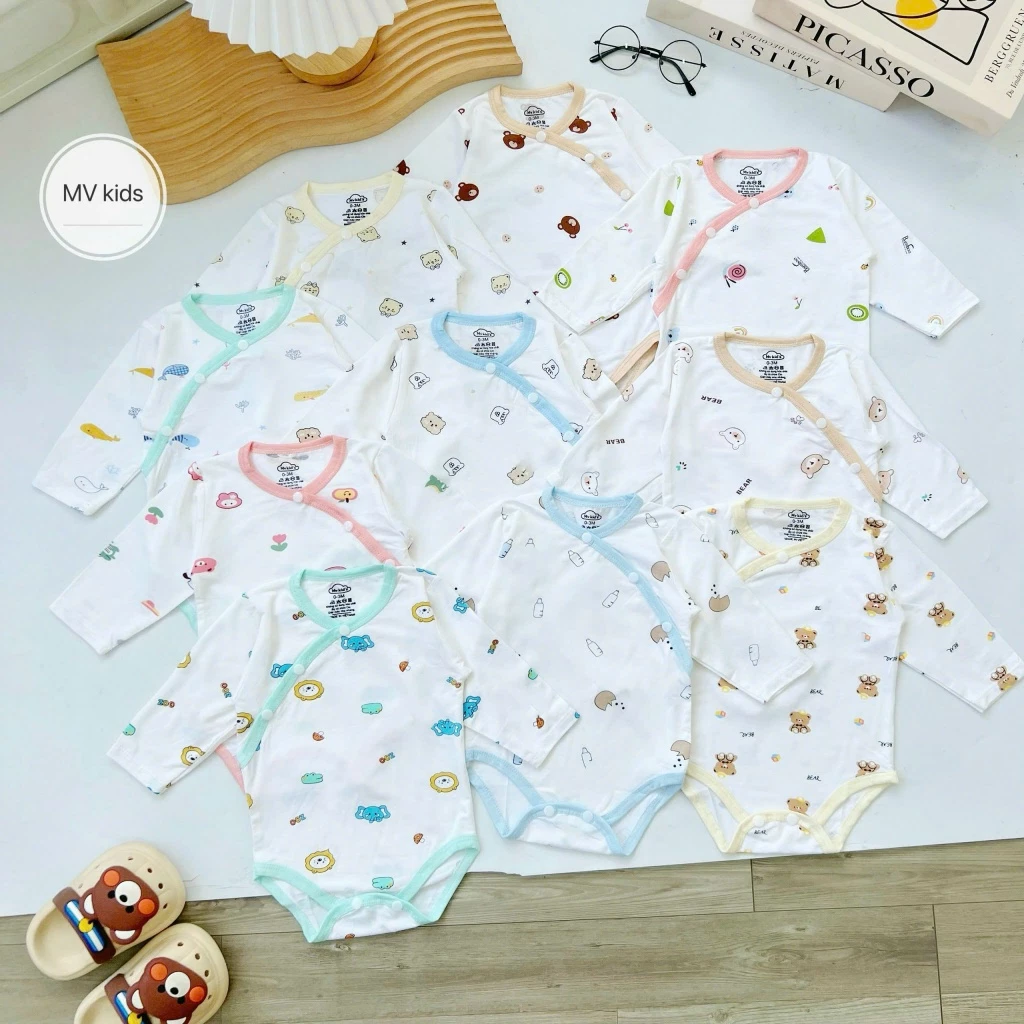 Set 5 Body Chip Dài Tay Cúc Chéo Chất Peptit Cao Cấp Mềm Mại In Hoạ Tiết Cho Bé Sơ Sinh