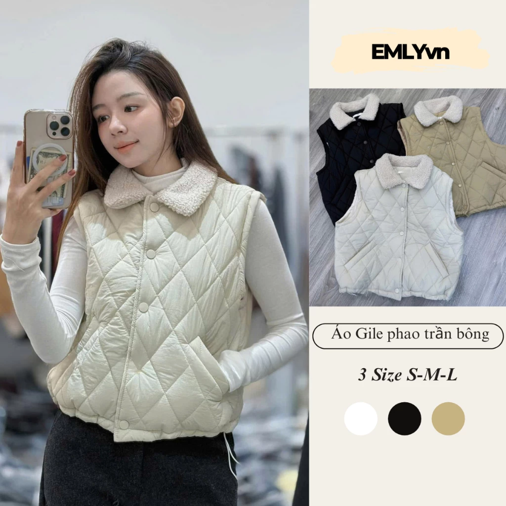 EMLYvn - Áo Gile Phao Nữ Cổ Lông Trần Bông Cao Cấp, Áo Khoác Gile Phao Hàn Quốc Mùa Đông 2025