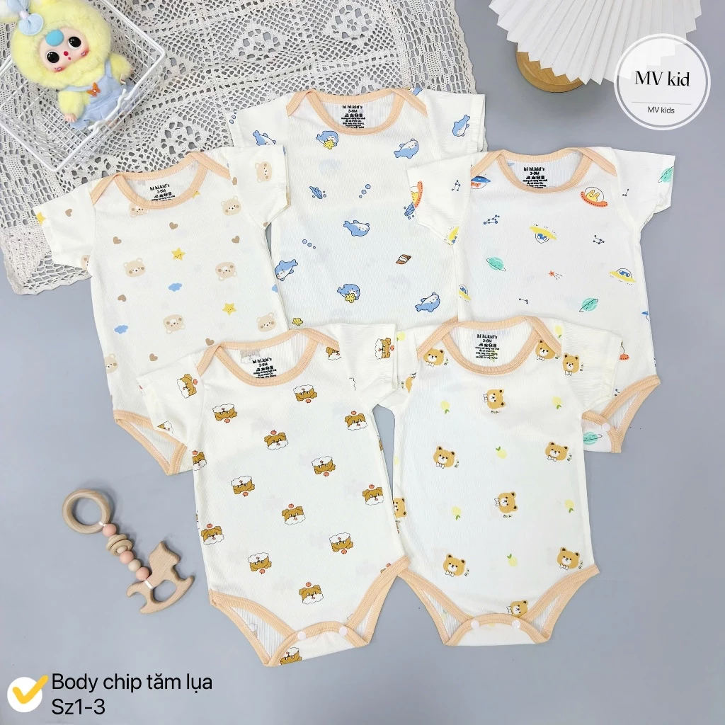 Combo 3-5 Body Chip Cộc Chất Tăm Lạnh Mềm Mại In Hoạ Tiết Cho Bé 0-9 Tháng