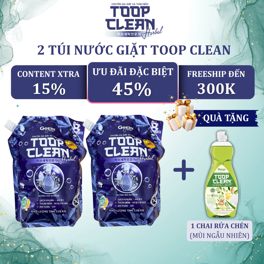 [NEW] Combo 2 Túi Nước Giặt Thảo Mộc TOOP CLEAN Herbal 2,6 Kg Đậm Đặc - Hương Hoa Quyến Rũ