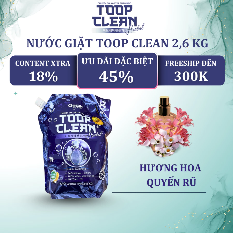 Túi Nước Giặt Thảo Mộc TOOP CLEAN Herbal 2,6 Kg Đậm Đặc - Hương Hoa Quyến Rũ