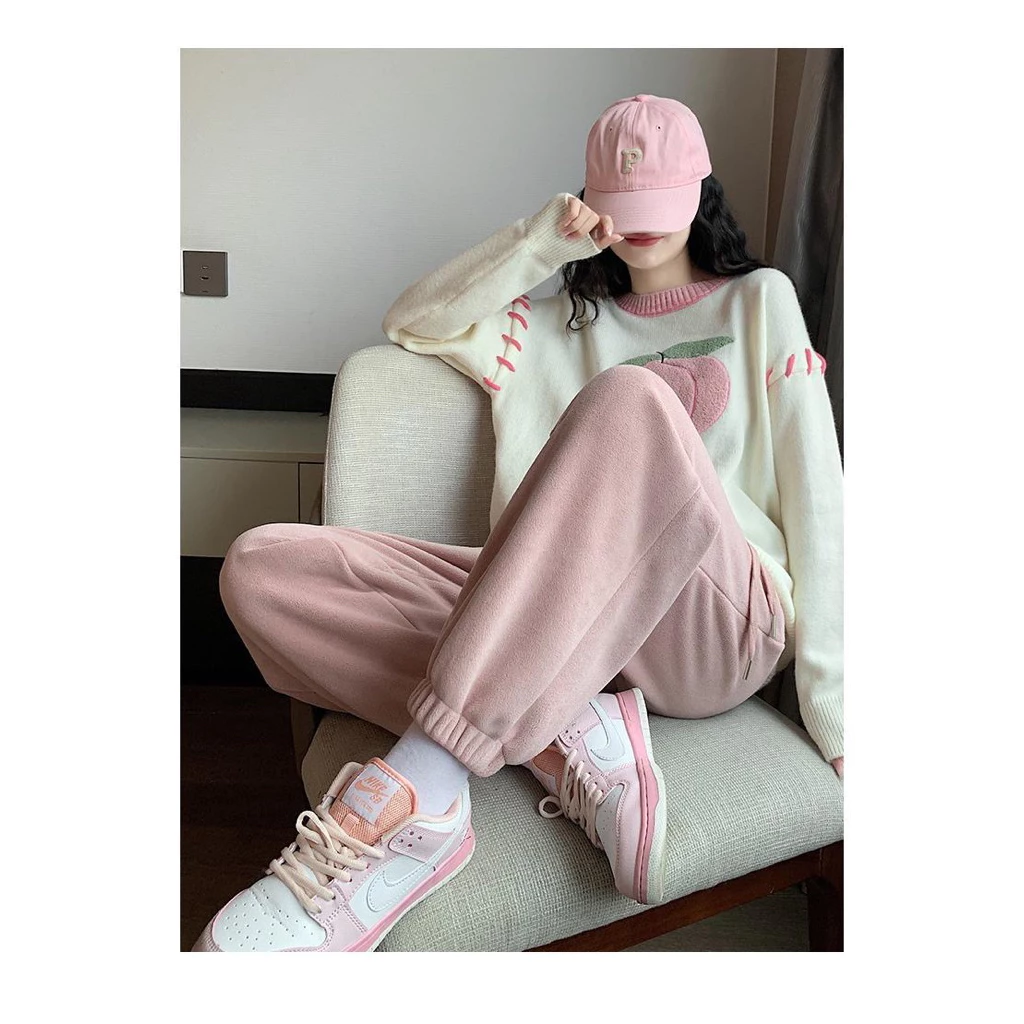Quần Nỉ Nữ Dáng Jogger Ống Bó Màu Hồng Ulzzang Hàn Quốc – Quần Thun Ống Túm Lót Bông Ấm Mùa Đông hàng quảng châu