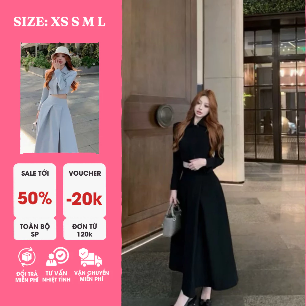 Sét Áo Croptop Tay Ngắn - Chân Váy Dài Xếp Ly , Bộ Đồ Nữ Thanh Lịch, Trẻ Trung, Phong Cách Công Sở, Dự Tiệc, Dạo Phố