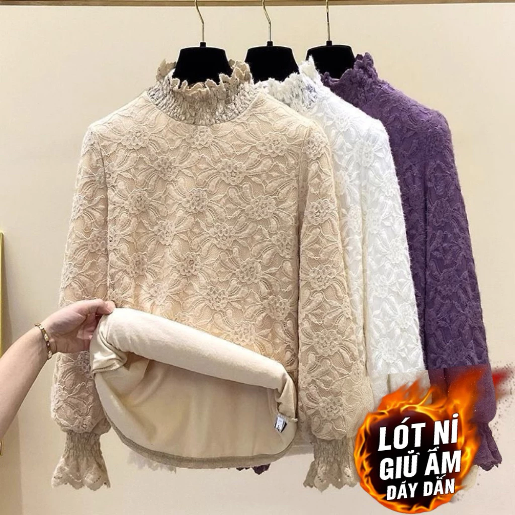 Áo Len Ren Nữ Dài Tay Cổ Cao Lót Nỉ Giữ Ấm Thời Trang Hàn Quốc – Áo Thun Ren Nữ Mùa Đông Form Rộng