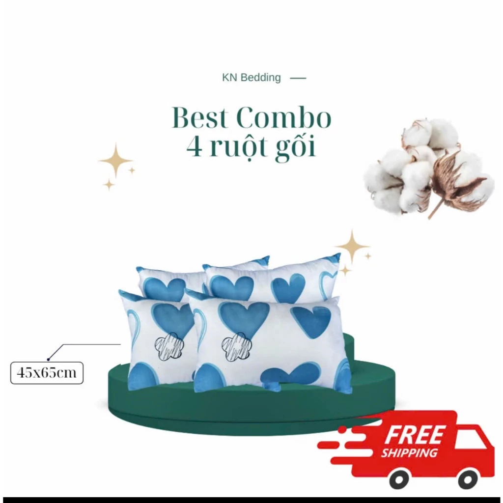 Combo Ruột Gối Đầu Chất Liệu Cotton Poly Bông Gòn Trắng Tinh Khiết Kích Thước 45x65cm
