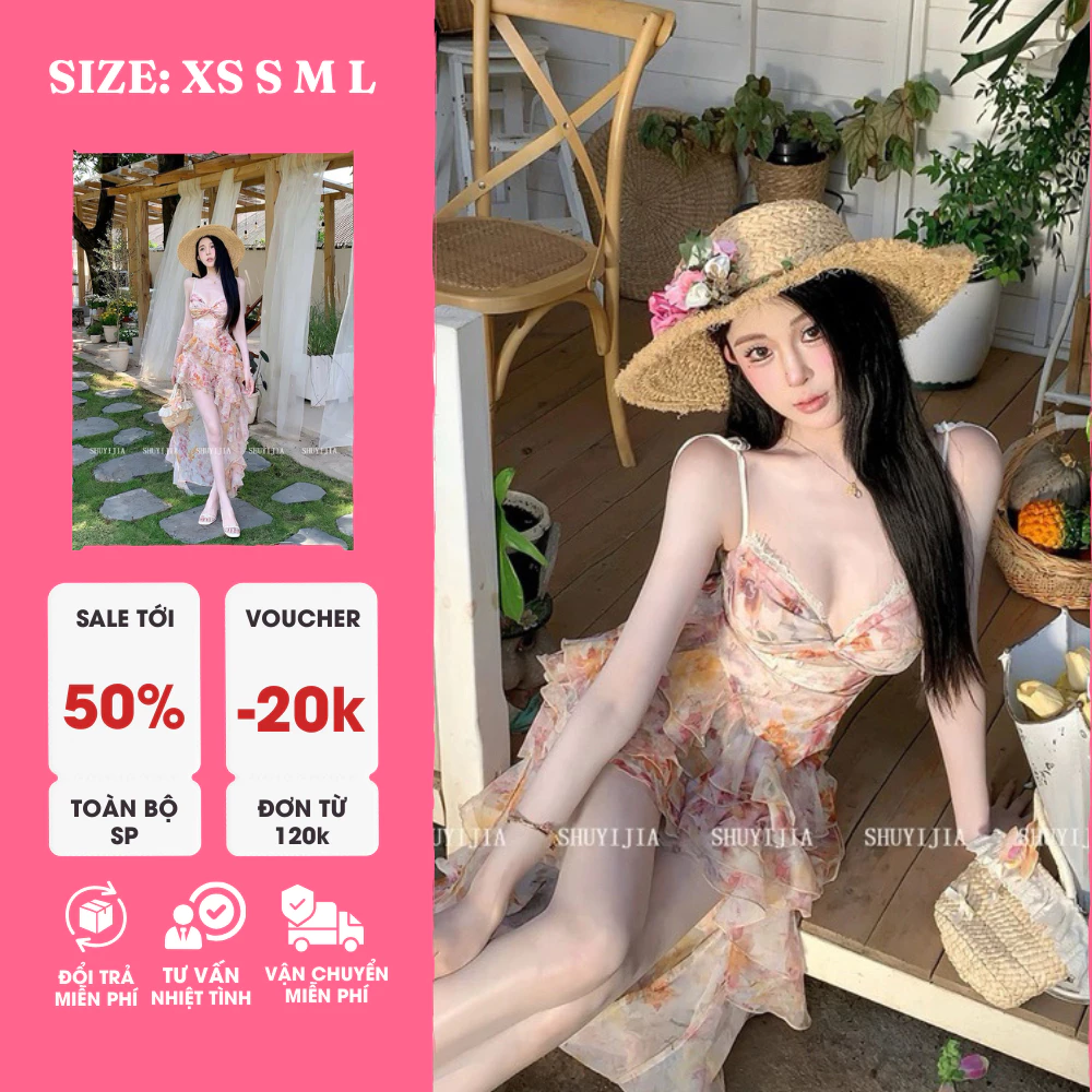 Đầm lụa hoa hai dây khoét chân ngực tà lai dài.Đầm đi biển,đi du lịch đi dự tiệc.