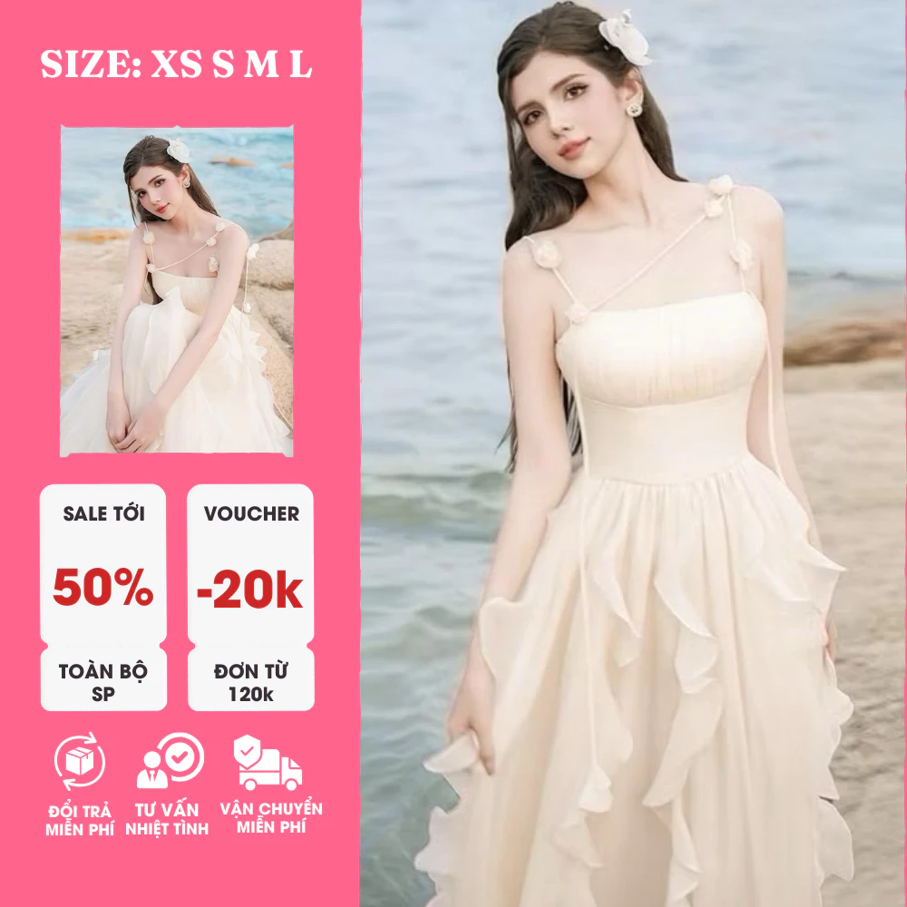 Đầm Maxi Nữ Tính Màu Da – Xếp Tầng Bèo, Dài Maxi, Bay Bổng, Sang Trọng, Dạo Phố, Tiệc Tùng