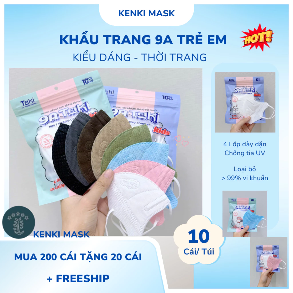 Combo 200 Cái Khẩu Trang 9A Trẻ Em (1-2 & 3-6 Tuổi) 4 lớp kháng khuẩn dày dặn