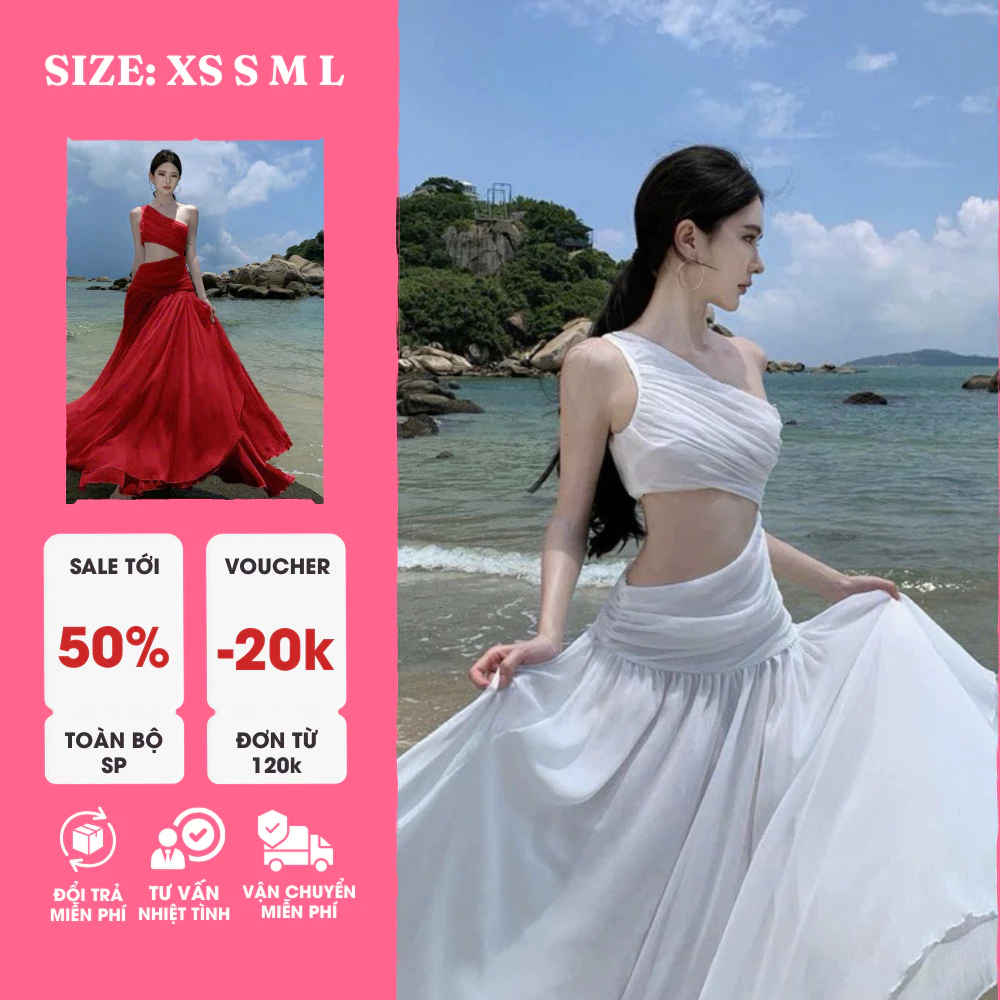 Đầm Maxi Đi Biển Hai Màu Đỏ Trắng – Khoét Eo Gợi Cảm, Sang Chảnh, Tôn Vòng Eo, Dáng Dài Bay Bổng, Phong Cách Nữ Tính