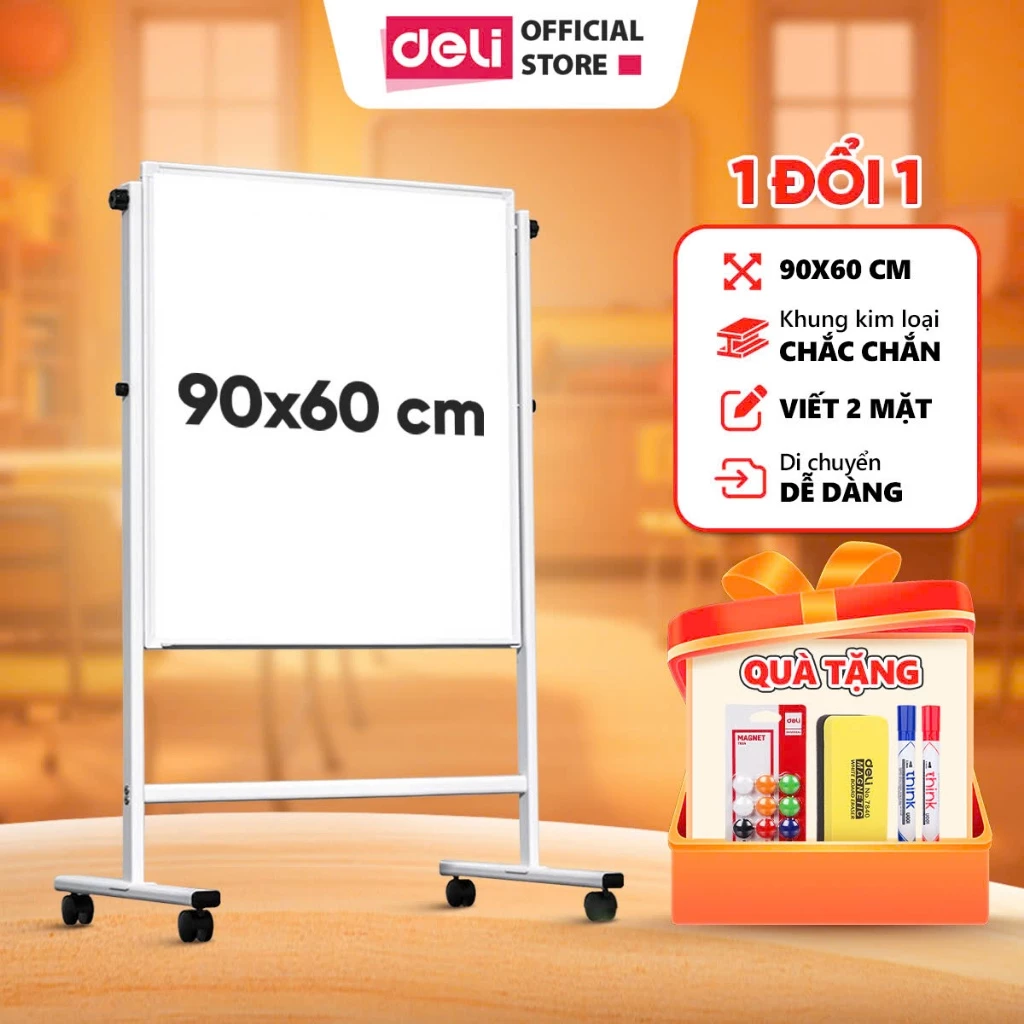 [TẶNG COMBO PHỤ KIỆN] Bảng Từ Trắng Hai Mặt Deli Xoay 360 Độ Bảng Chân H Bảng Flipchart Điều Chỉnh Cao Thấp Dùng Cho Vă