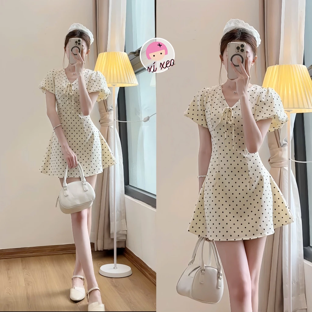 Váy chấm bi XIXEOSHOP cổ v tay phồng dáng ngắn - V52