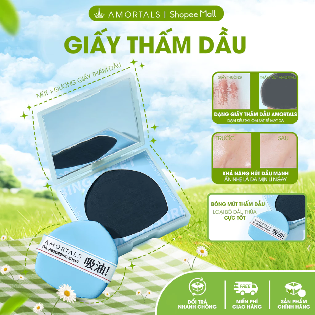 Bộ Giấy Thấm Dầu Amortals 3in1 Hút Dầu Không Lem Nền Kèm Bông Mút Và Gương Tiện Lợi