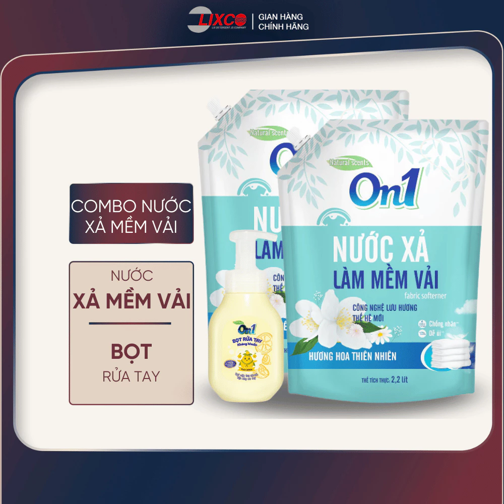 Combo 2 túi nước xả mềm vải On1 hương hoa thiên nhiên 2.2L + Bọt rửa tay kháng khuẩn yuzu lemon 250g, 2C-17902+03501