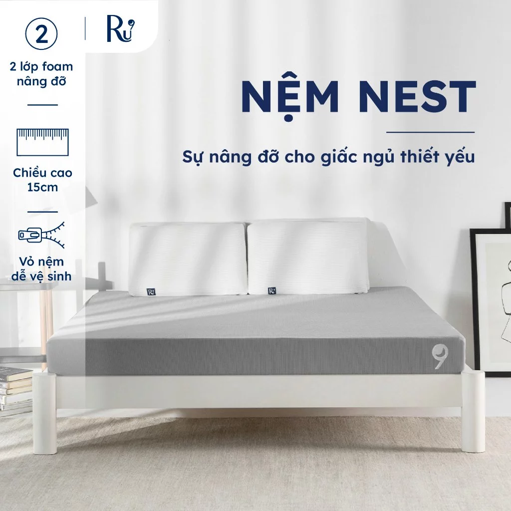Nệm Foam Nest Ru9 15cm Cao Cấp | Ngăn Cách Chuyển Động | 2 Lớp Foam Nâng Đỡ | 6 Kích Thước | 1m2, 1m4, 1m6, 1m8, 2m, 2m2