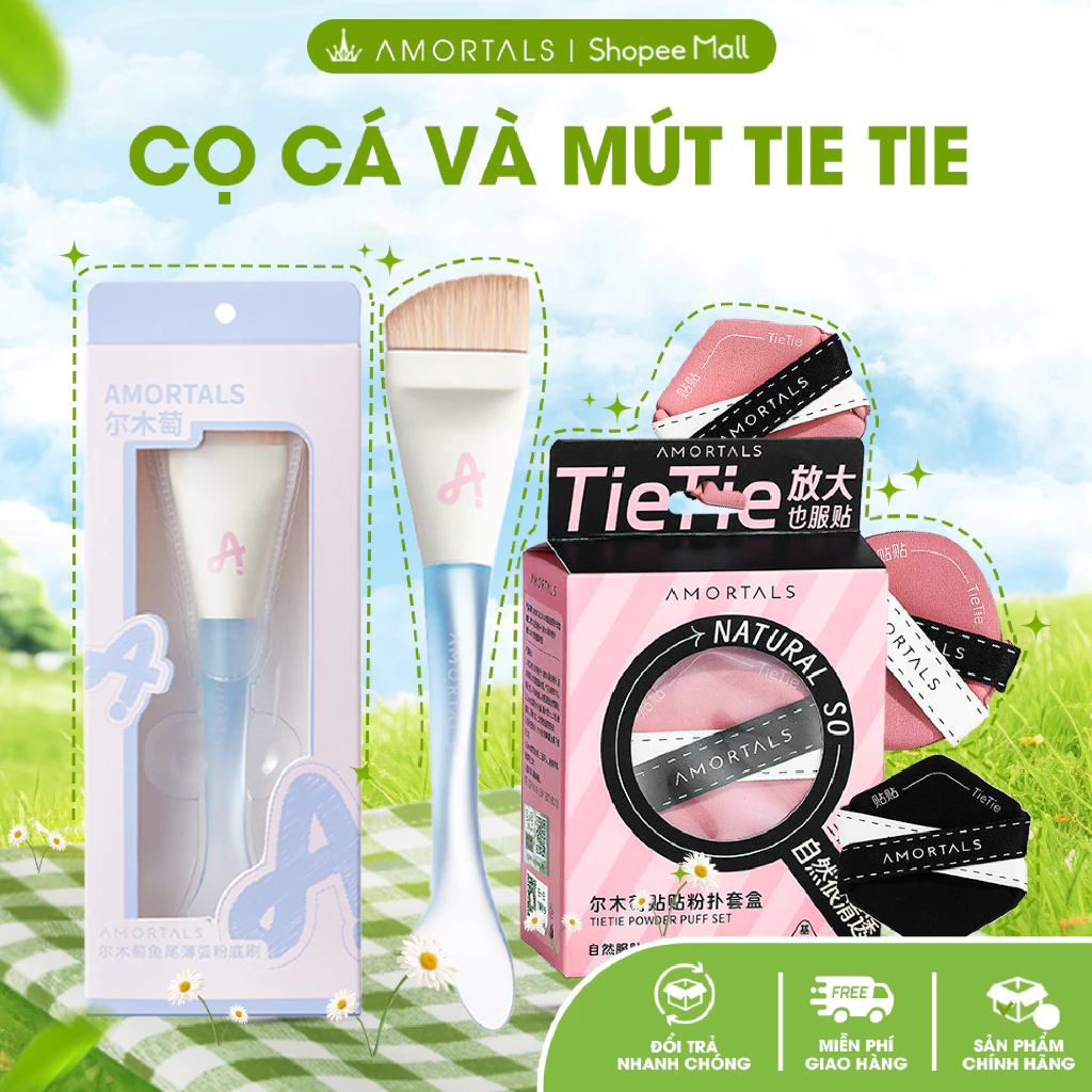 Combo Bông Mút TieTie Và Cọ Tán Nền Cá Tiên AMORTALS Tán Kem Nền Mềm Mịn