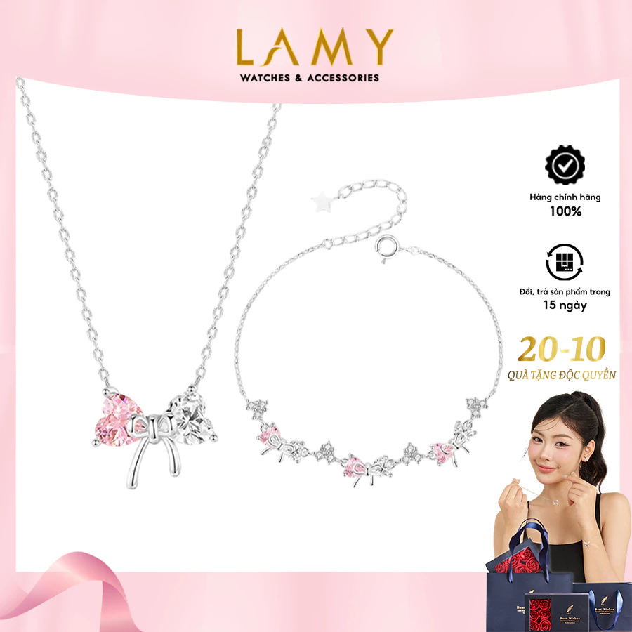 Bộ trang sức LAMY Dây chuyền và lắc tay bạc Crystal Bow Silver 6325 & 2255