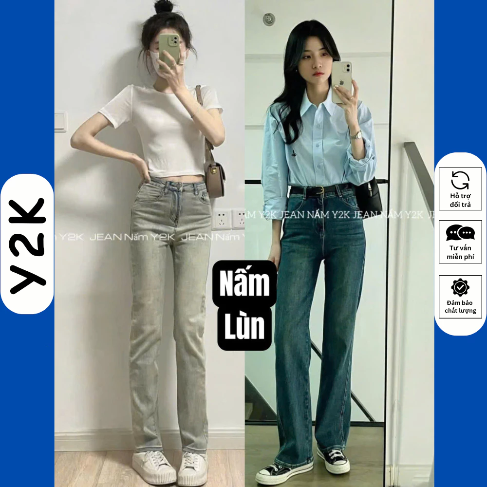 Quần Ống Đứng Nữ m50 Jean Cho NẤM LÙN 9 Tấc 90cm Lưng Cao Bò Rin Jeans Y2K