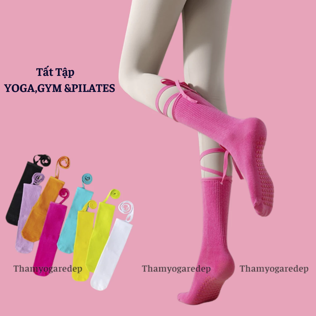 Tất nữ tập Gym,Yoga, Pilates đế silicon chống trơn trượt, chất liệu thoáng khí có DÂY BUỘC cá tính.TB01