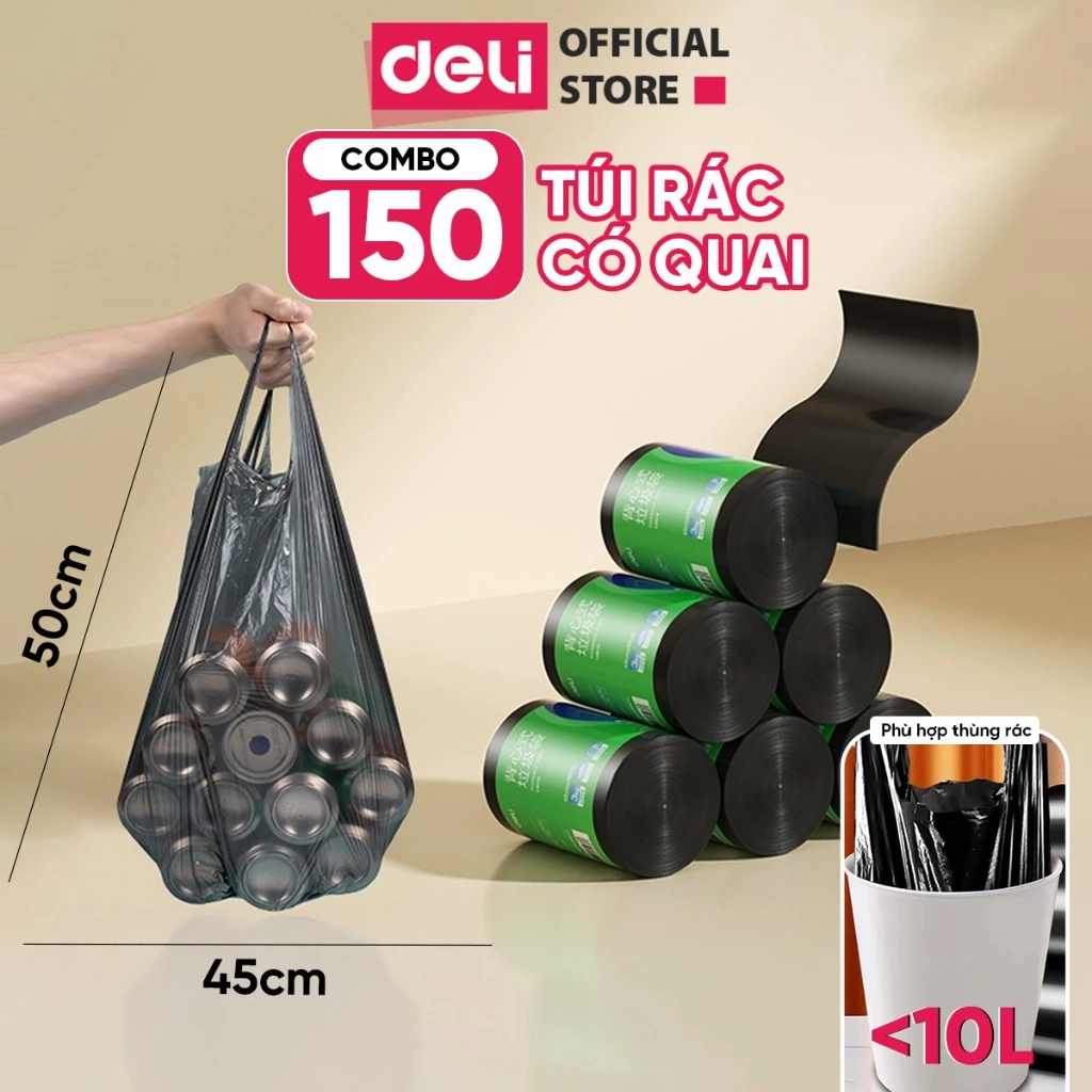 COMBO 5 Cuộn 150 Túi Rác Đen Có Quai Deli Dày Dặn, Dai, Không Rò Rỉ cho thùng rác 10L 25L 50L Gia Đình/Văn Phòng