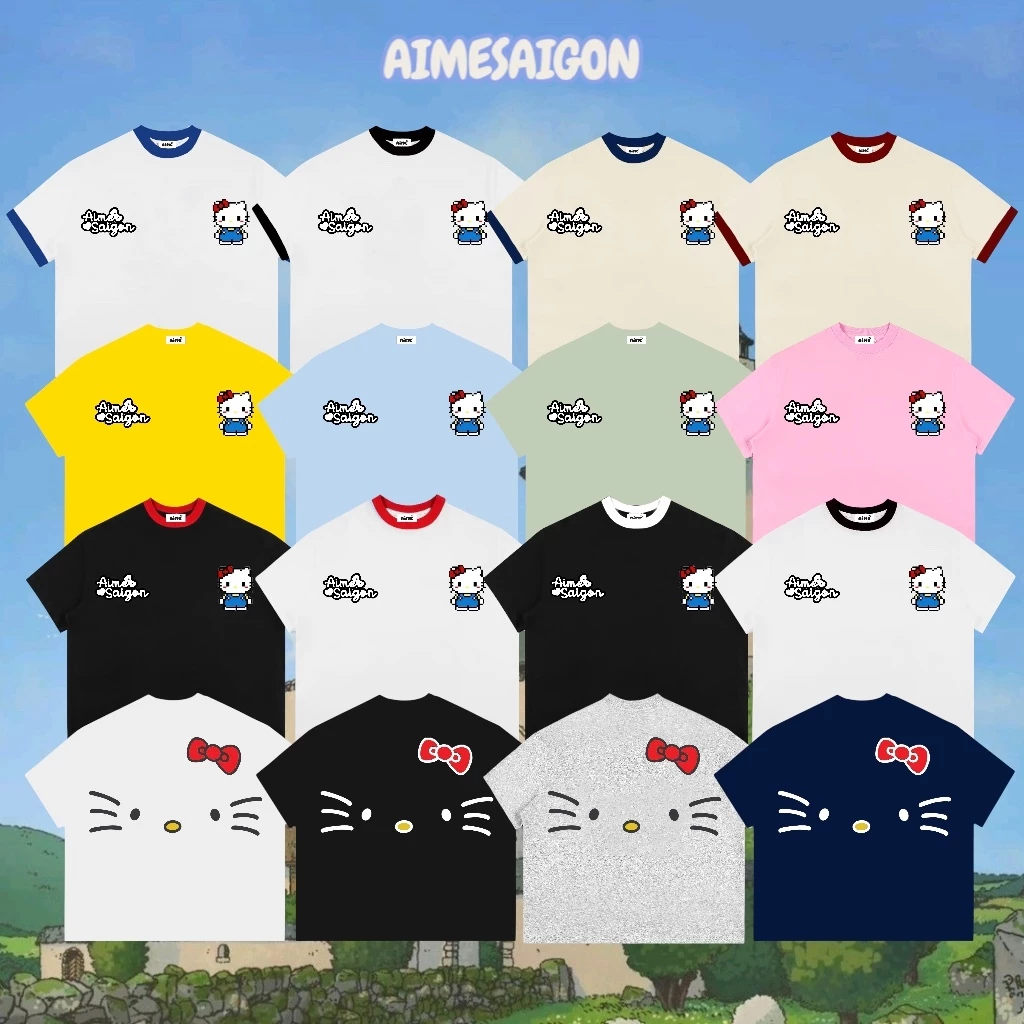 Áo Thun Boxy AIMÉ Cotton 250gsm Cổ Tròn Nam Nữ " Kitty 2 mặt " Áo Phông Nữ Form Rộng Nữ Mùa Hè Kiểu Đẹp