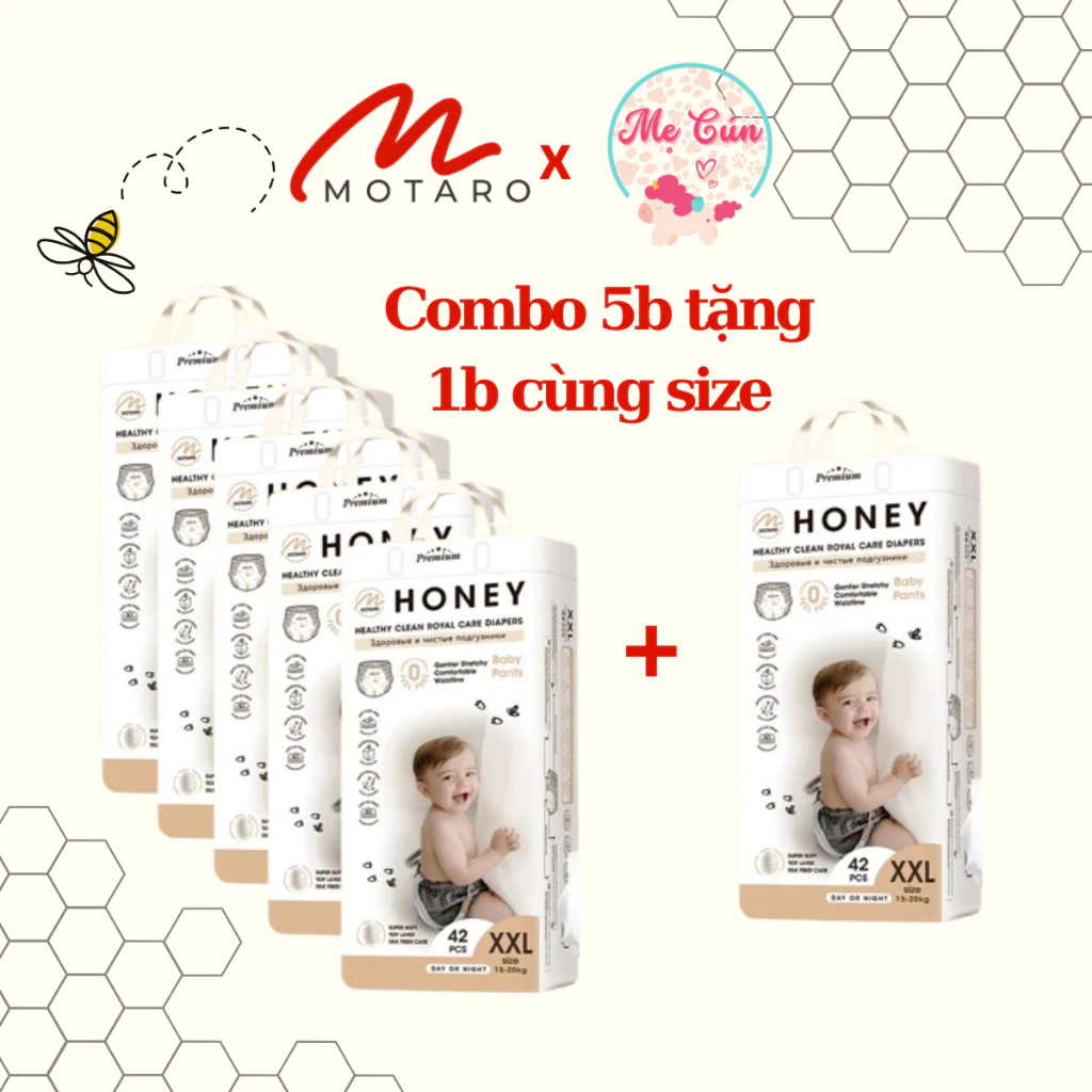 (MUA 5 TẶNG 1) Bộ 5 bịch tã quần, tã dán Momo Honey cao cấp cho bé đủ size NB66, S52, M46, quần M52, L48, XL44, XXL42