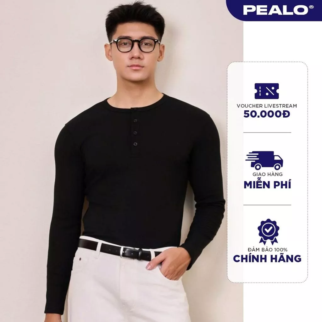 Áo thun gân dài tay Henley PEALO cổ cúc chất liêu cotton thấm hút mồ hôi