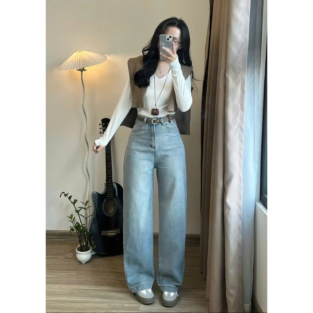 (S-XL) Quần jean suông gấu 5cm dáng DÀI 95CM NẤM LÙN cạp cao hack dáng CHA9