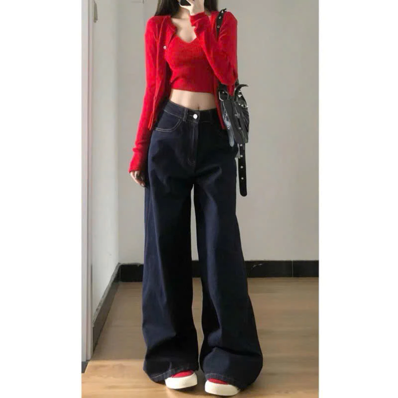 (S-XL) Quần jean suông ống rộng chất đenim mềm, lưng cao vải không co giãn hack dáng tôn da Nữ XANH THAN