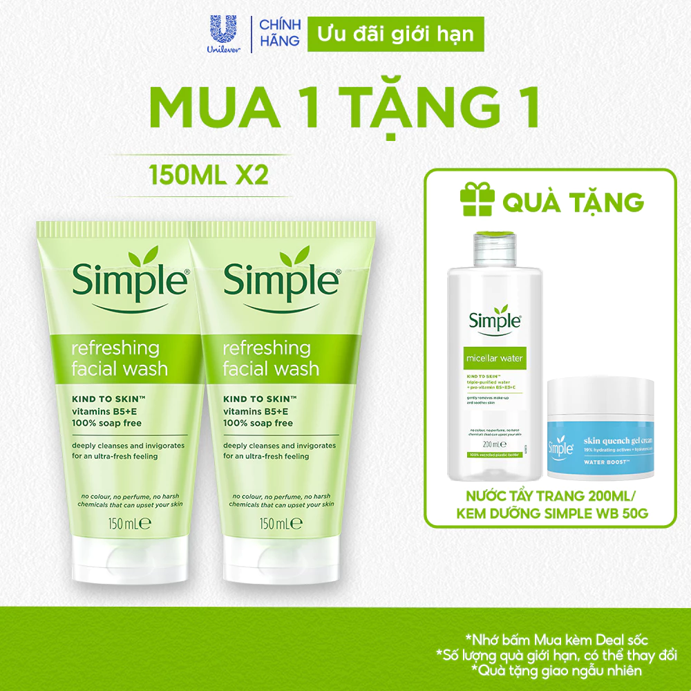 Combo 2 Sữa Rửa Mặt Simple lành tính và hiệu quả cho mọi loại da 150ml