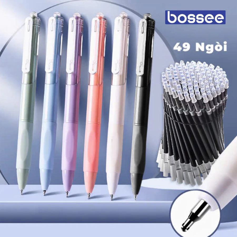 Combo 6 Bút gel + 49 ngòi thay thế Bút bi gel mực đen viết trơn màu, vỏ pastel xinh xắn dùng lâu dài