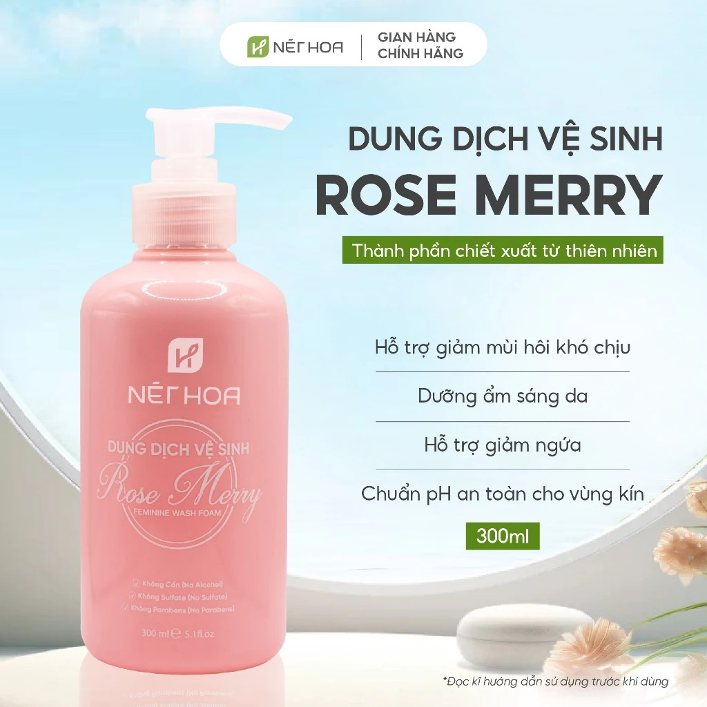 Dung Dịch Vệ Sinh Phụ Nữ Rose Merry Giúp Cân Bằng Độ PH Tự Nhiên, Se Khít, Dưỡng Ẩm Sâu 300ml