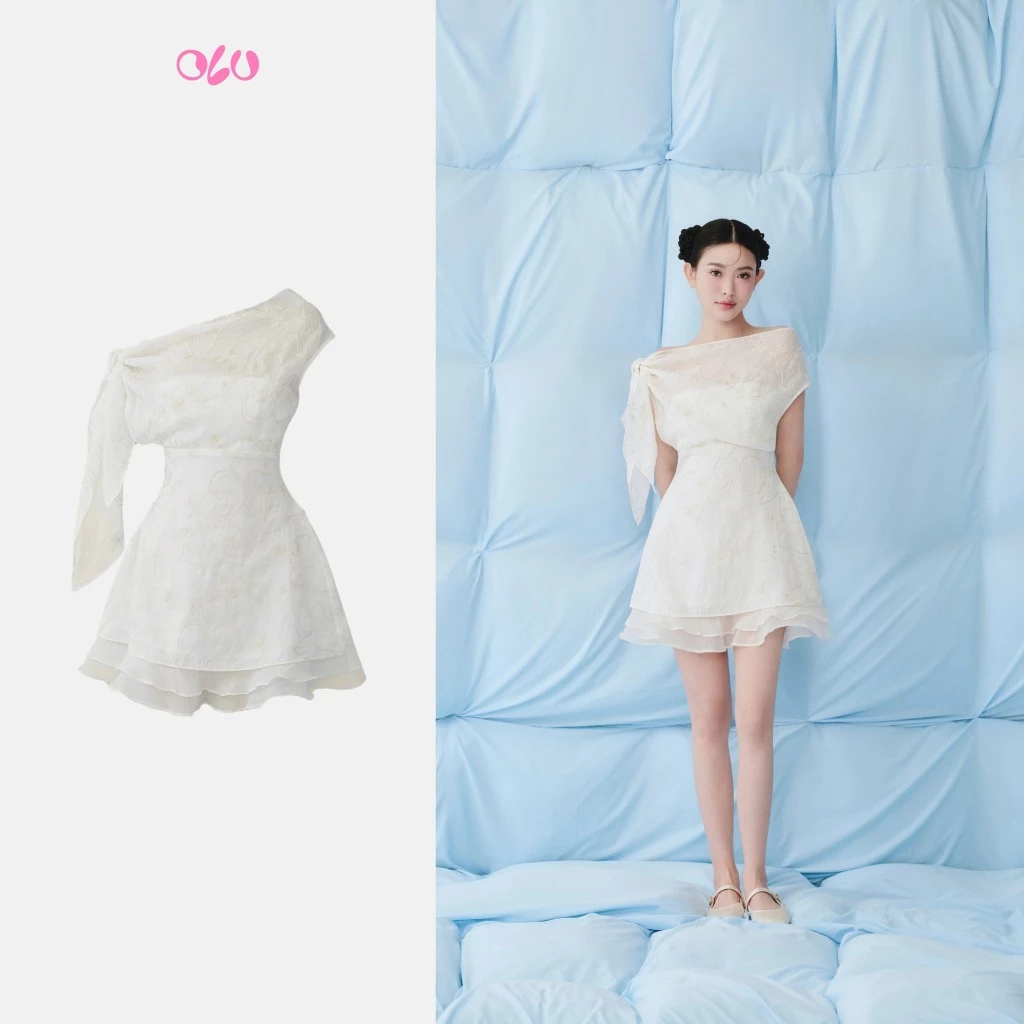 Đầm OLV lệch vai chất tơ rũ thanh lịch Ivory Chiffon One Shoulder Layered Mini Dress đi tiệc đi chơi
