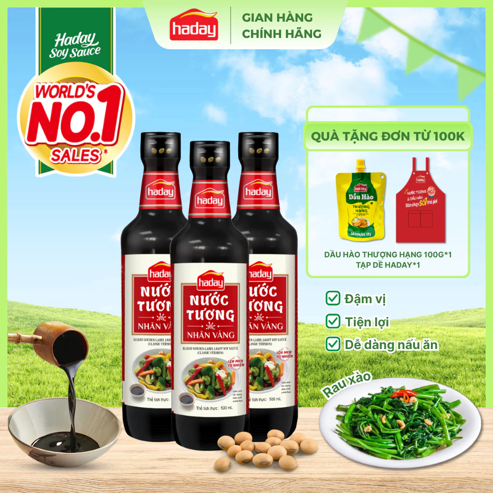 Nước tương nhạt Haday Gold Label (chai thủy tinh 500ml) xì dầu ăn chay - Thích hợp sử dụng tại nhà