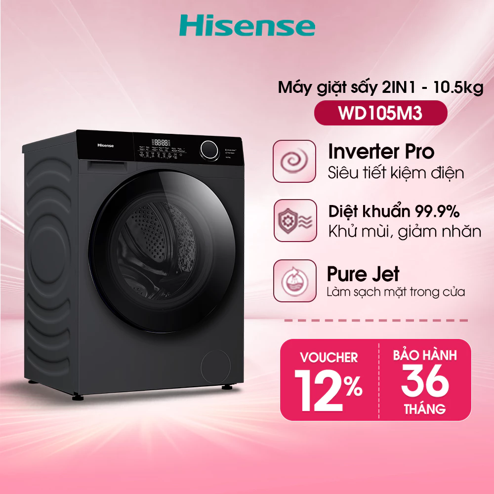 Máy Giặt Sấy Hisense AI BLDC Inverter, Giặt 10.5kg - Sấy 7kg WD105M3, Điều Khiển Từ Xa