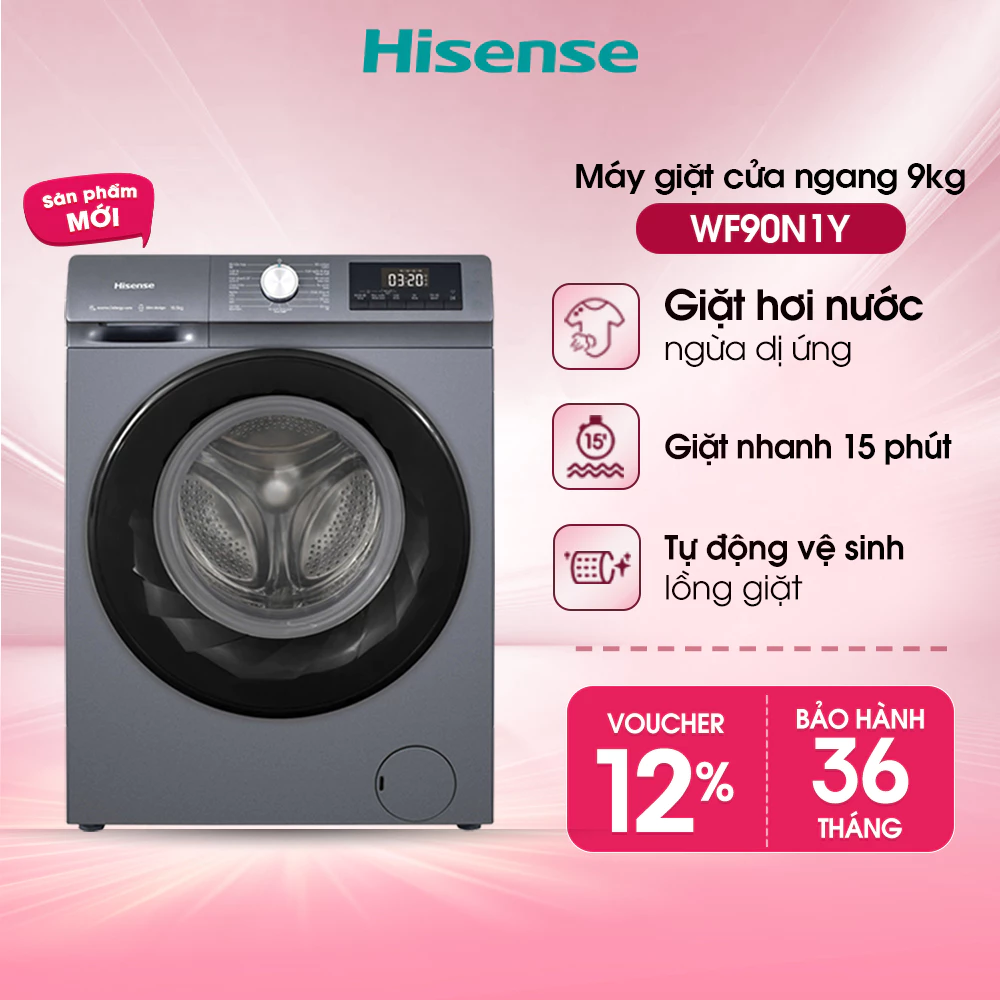 Máy giặt Hisense Inverter 9kg WF90N1Y Giặt Hơi Nước Diệt Khuẩn, Lắp Đặt Toàn Quốc