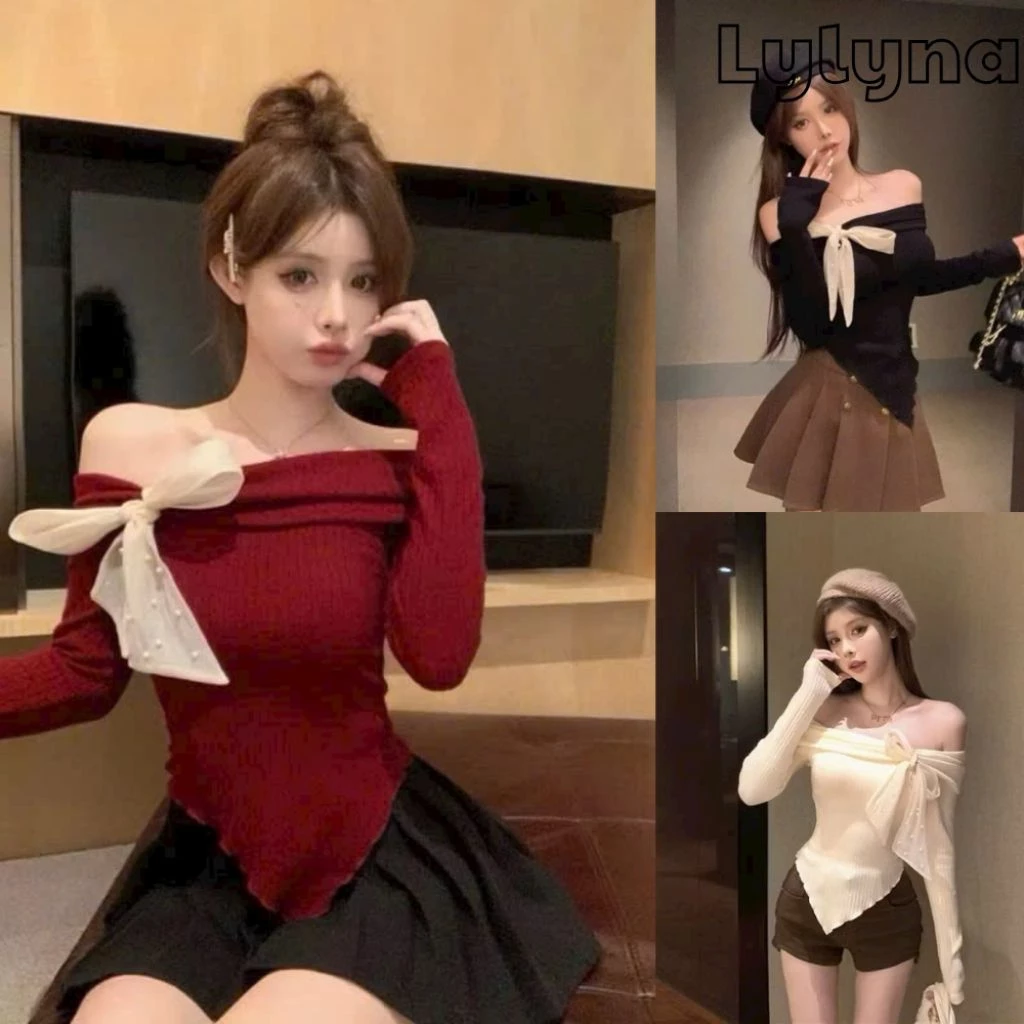 Áo Len kiểu bẹt vai tay dài nơ đính ngọc trai sang chảnh -LYLYNA A70