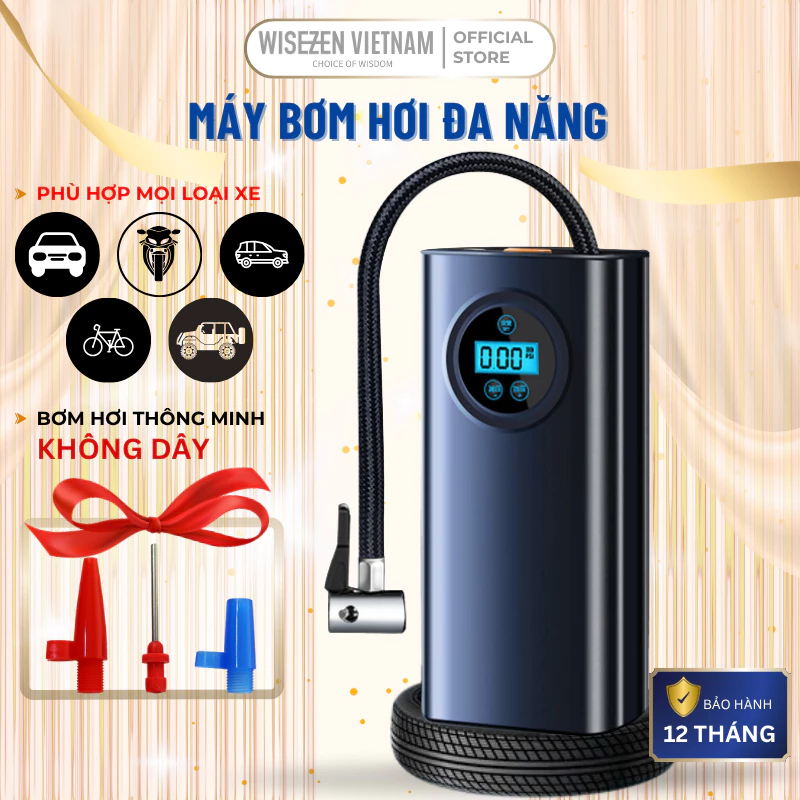 Bơm lốp ô tô Wisezen cài đặt sẵn áp suất lốp chỉ với một nút tự động dừng khi đầy vận hành êm ái với độ ồn chỉ 35db