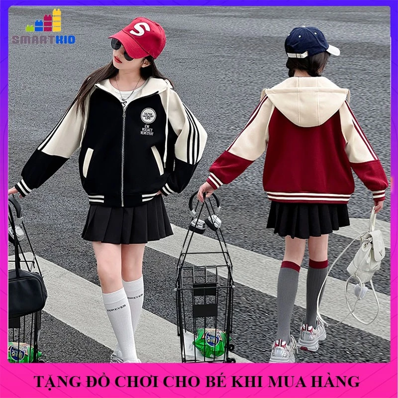 [18-52kg] Áo khoác cho bé gái mẫu EW, áo khoác bóng chày nỉ dày dặn mùa thu đông nữ, áo bomber cho bé gái