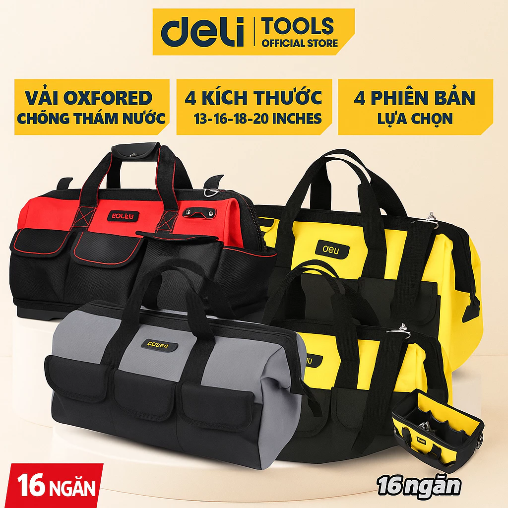 Túi Đựng Đồ Nghề Nhiều Ngăn DELI Đế Tay Nhựa Dụng Cụ Sửa Chữa - Có Quai Đeo Vải Dày Chống Nước