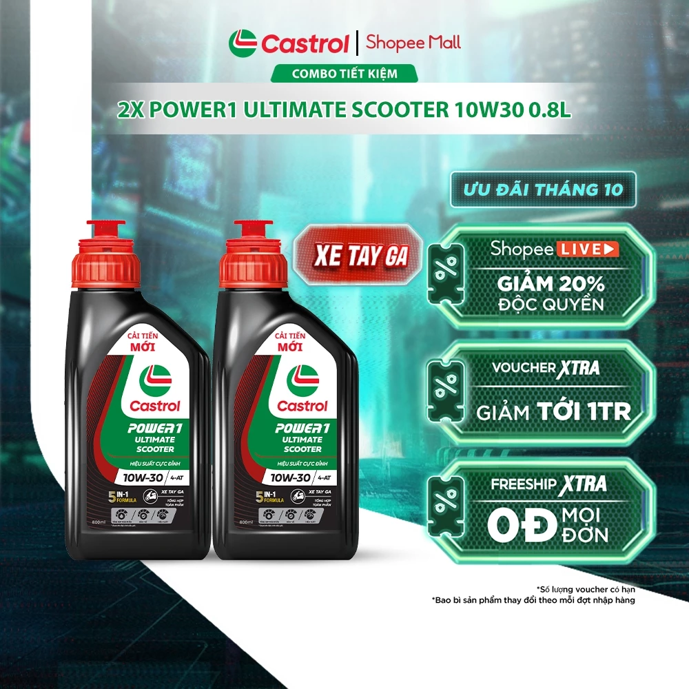 COMBO 2 Dầu nhớt xe tay ga Castrol POWER1 ULTIMATE SCOOTER 10W-30 4-AT (0.8L)