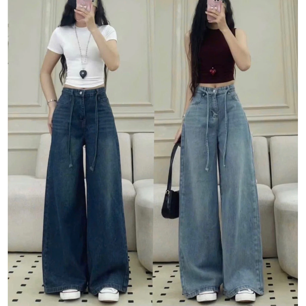Quần jean suông ống rộng, quần suông kèm dây lưng cao tôn dáng