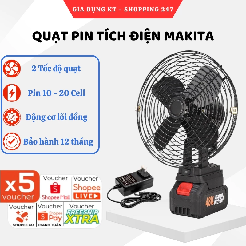 Quạt Pin Tích Điện MAKITA, Quạt Chạy Pin Tích Điện 8 Inch Để Bàn Công Suất Lớn, Làm Mát Cực Nhanh, Hoạt Động Bền Bỉ