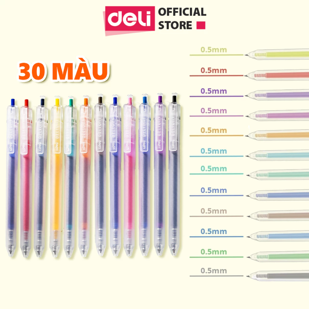 [30 MÀU MỚI] Bút Bi Nước Mực Gel Bấm Nhiều Màu Nhanh Khô 0.5mm Deli-Viết Bi Học Sinh Văn Phòng Mực Đều Nhiều Mực EG118