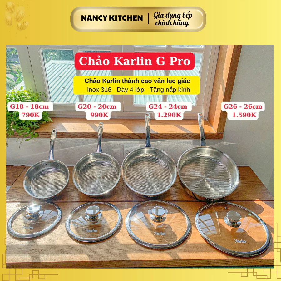 [Chính hãng] Chảo inox Karlin vân lục giác các size G18,G20,G24 và G26, 4 lớp, bảo hành 24 tháng