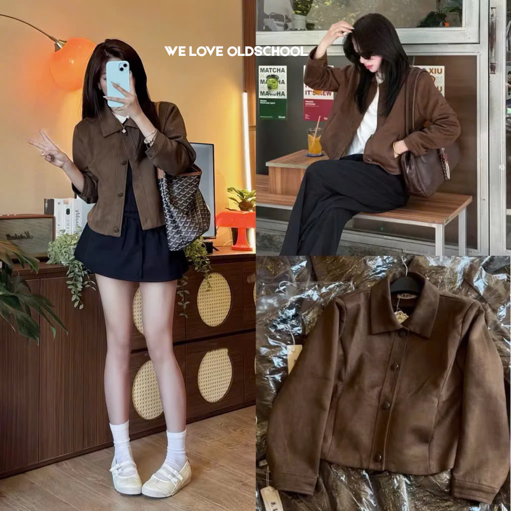 [KÈM BỌC PHỦ] Áo Khoác da lộn nhẹ DÁNG CROPTOP cúc đồng Okélla