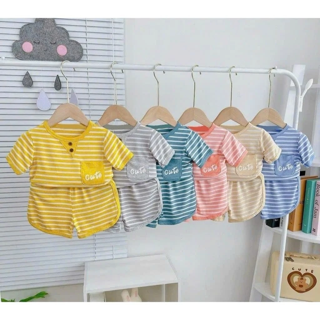 Bộ thun lạnh sọc dệt quần vát có túi in chữ CUTE, vải mềm mịn mát cho bé 6-24kg