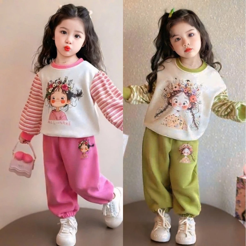 Set bộ quần áo THU ĐÔNG dành cho bé gái từ 8-18 kg mẫu BỘ TAY KẺ chất NỈ BÔNG ấm áp siêu dễ thương.