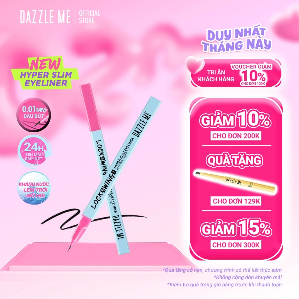 Bút kẻ mắt siêu mảnh DAZZLE ME Lock & Wing! Hyper Slim Eyeliner đầu cọ mềm chống nước 0.55ml